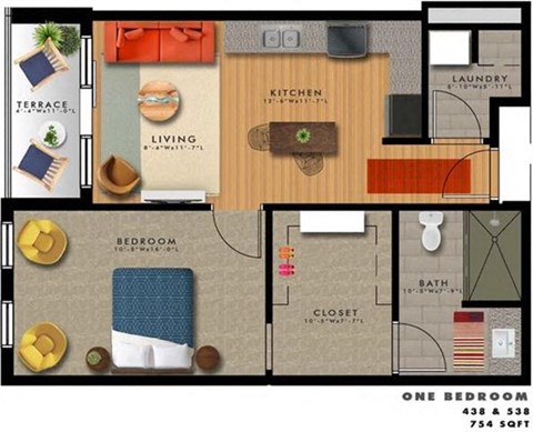 Floor plan for 1 bed, 1 bath, 754 sqft