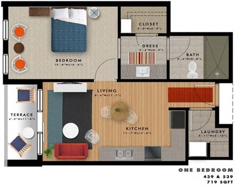 Floor plan for 1 bed, 1 bath, 719 sqft
