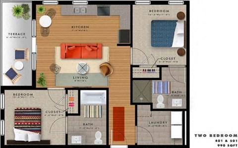 Floor plan for 2 beds, 2 baths, 990 sqft
