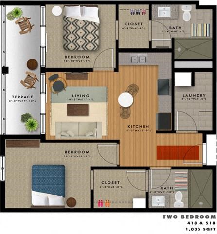 Floor plan for 2 beds, 2 baths, 1035 sqft