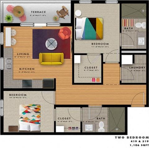Floor plan for 2 beds, 2 baths, 1106 sqft