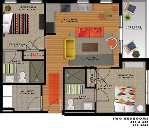 Floor plan for 2 beds, 2 baths, 988 sqft