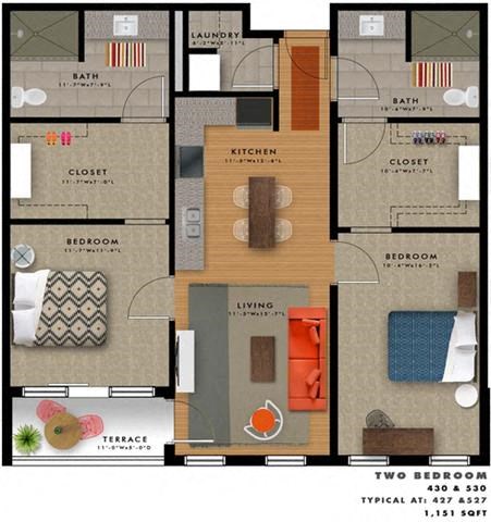 Floor plan for 2 beds, 2 baths, 1151 sqft