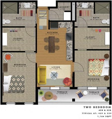 Floor plan for 2 beds, 2 baths, 1164 sqft