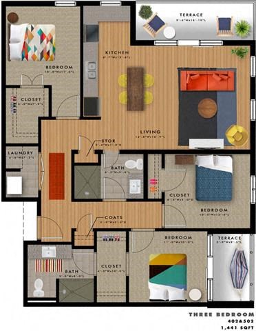 Floor plan for 3 beds, 2 baths, 1441 sqft