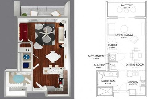 Floor plan for studio, 1 bath, 665 sqft