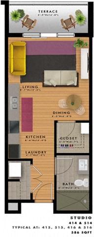Floor plan for studio, 1 bath, 586 sqft