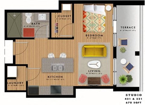 Floor plan for studio, 1 bath, 670 sqft