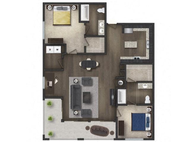 Floor plan for 2 beds, 2 baths, 1262 sqft
