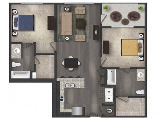 Floor plan for 2 beds, 2 baths, 1022 sqft