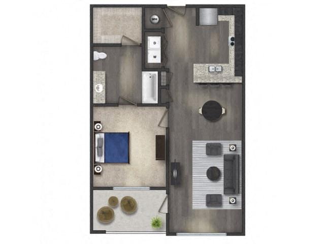 Floor plan for 1 bed, 1 bath, 736 sqft