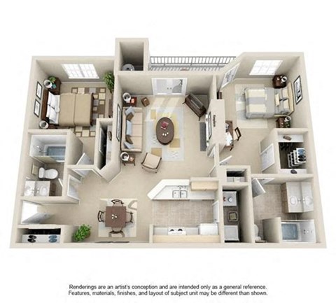 Floor plan for 2 beds, 2 baths, 1107 sqft