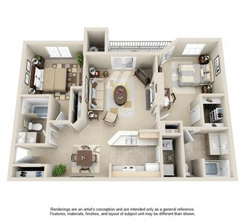 Floor plan for 2 beds, 2 baths, 1107 sqft