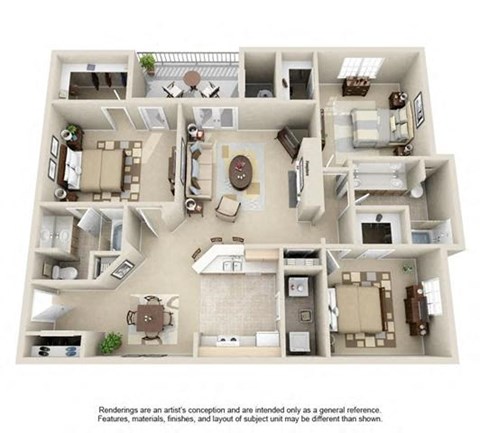 Floor plan for 3 beds, 2 baths, 1268 sqft