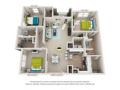 Floor plan for 3 beds, 2 baths, 1491 sqft