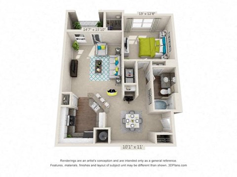 Floor plan for 1 bed, 1 bath, 890 sqft