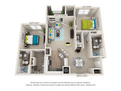 Floor plan for 2 beds, 2 baths, 1189 sqft