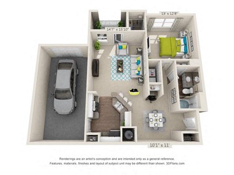 Floor plan for 1 bed, 1 bath, 890 sqft
