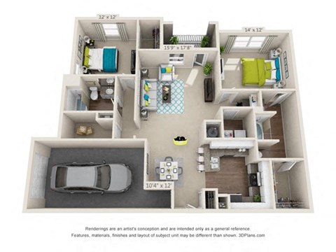 Floor plan for 2 beds, 2 baths, 1324 sqft