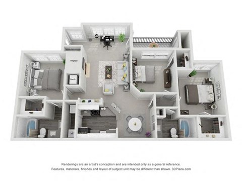 Floor plan for 3 beds, 2 baths, 1372 sqft