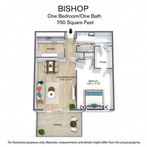 Floor plan for 1 bed, 1 bath, 700 sqft