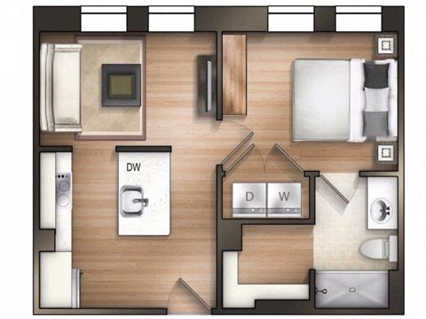 Floor plan for 1 bed, 1 bath, 580 sqft