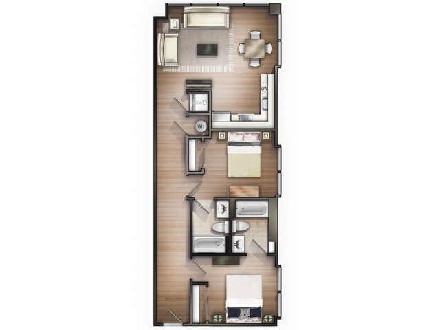 Floor plan for 2 beds, 2 baths, 862 sqft
