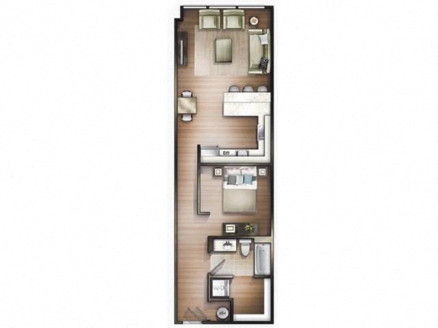 Floor plan for 1 bed, 1 bath, 738 sqft