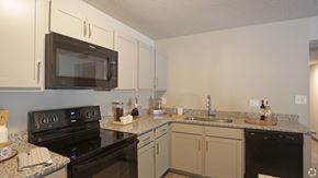 Vestavia Hills apartment for rent - Kitchen with black appliances, gooseneck fauces, and granite countertops at Avia Apartments in Vestavia Hills, AL
