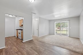 Opelika apartment for rent - A spacious living room with a kitchenette and sliding glass doors.