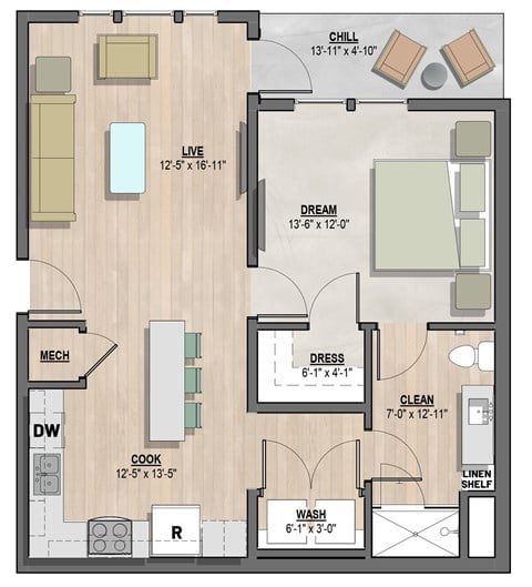 Floor plan for 1 bed, 1 bath, 736 sqft
