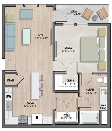 Floor plan for 1 bed, 1 bath, 736 sqft