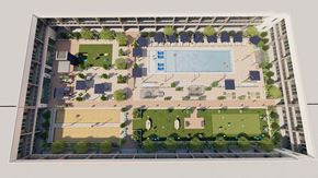 Birmingham apartment for rent - an aerial view of a building with a courtyard and a pool