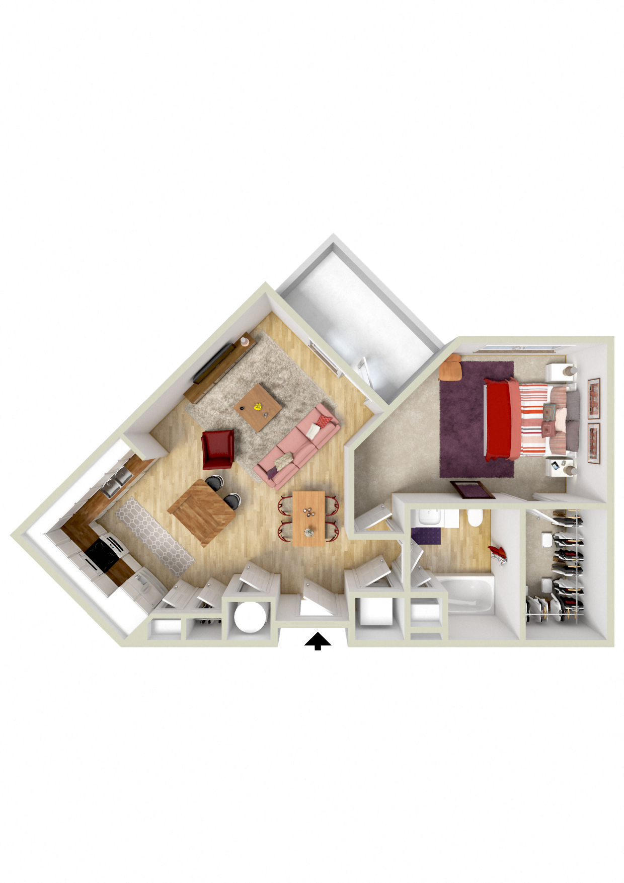 Floor plan for 1 bed, 1 bath, 806 sqft