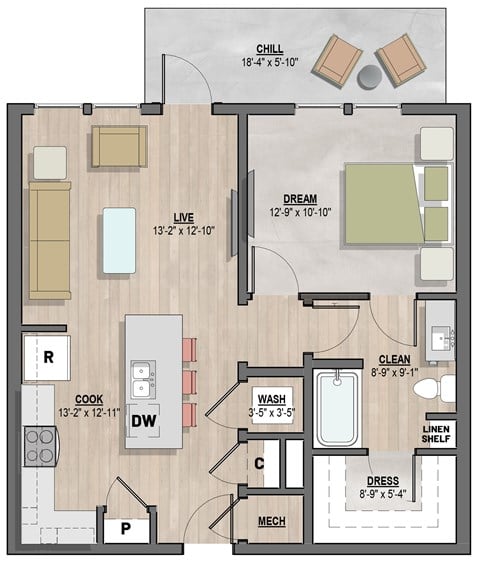 Floor plan for 1 bed, 1 bath, 695 sqft