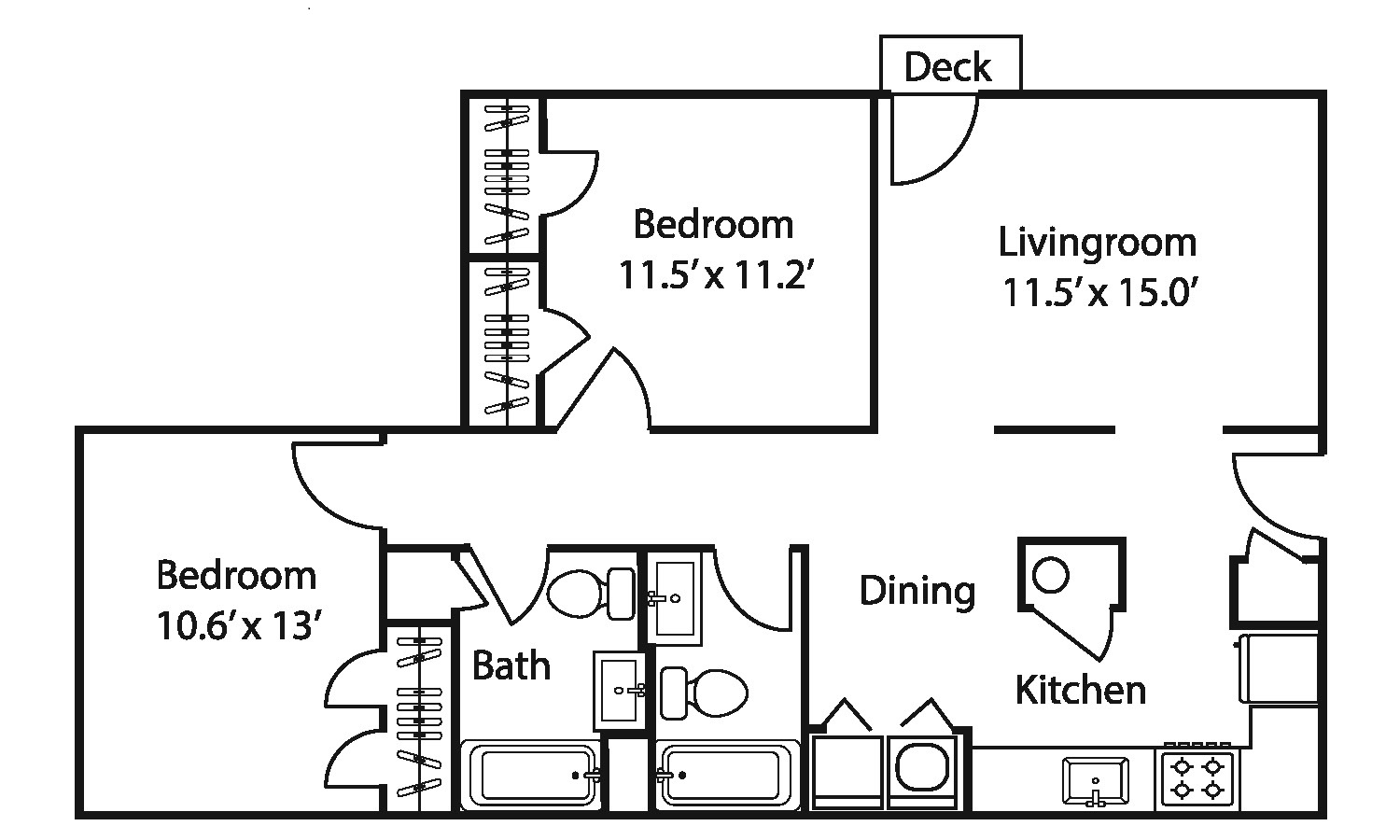 Floor plan for 2 beds, 2 baths, 905 sqft