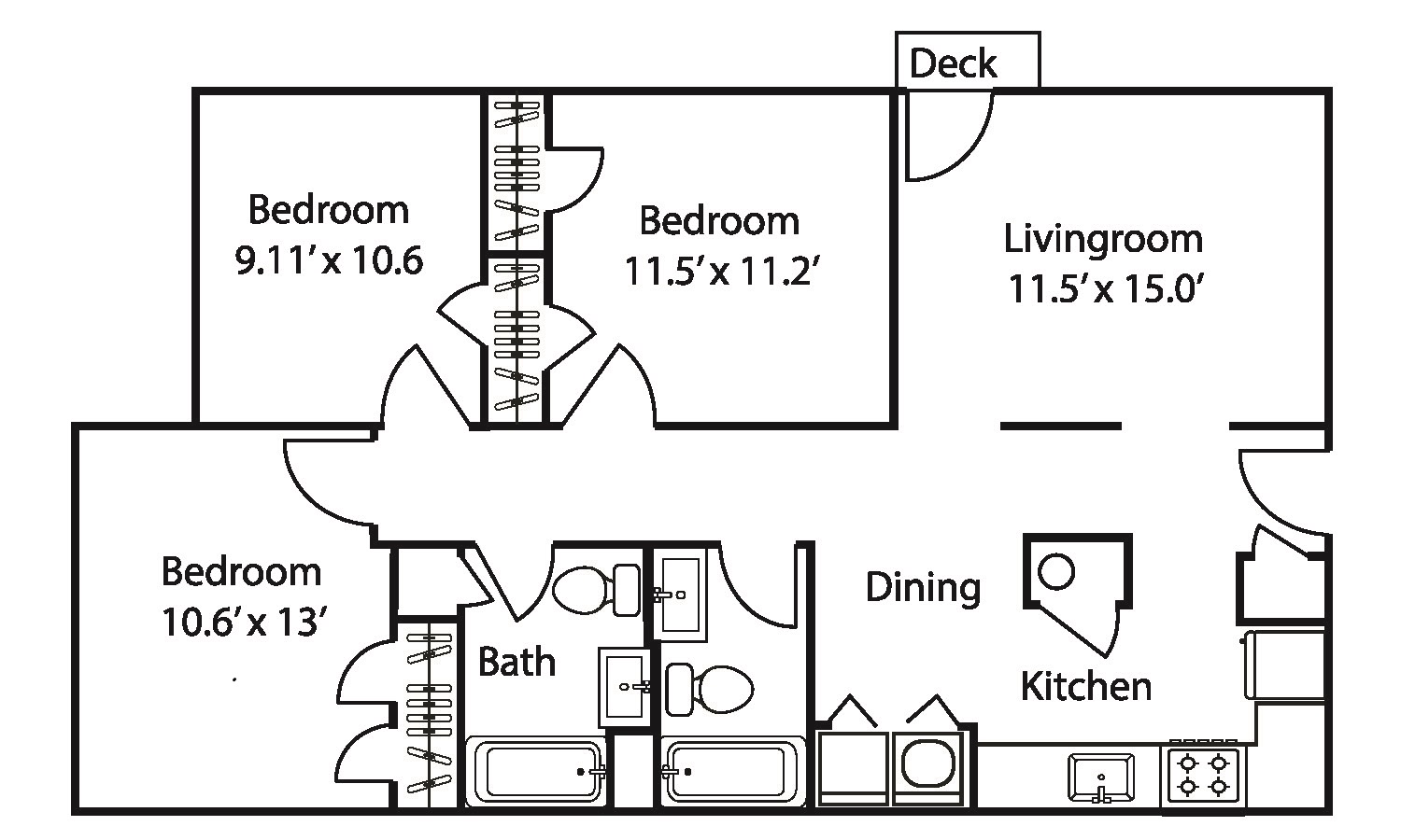 Floor plan for 3 beds, 2 baths, 1022 sqft