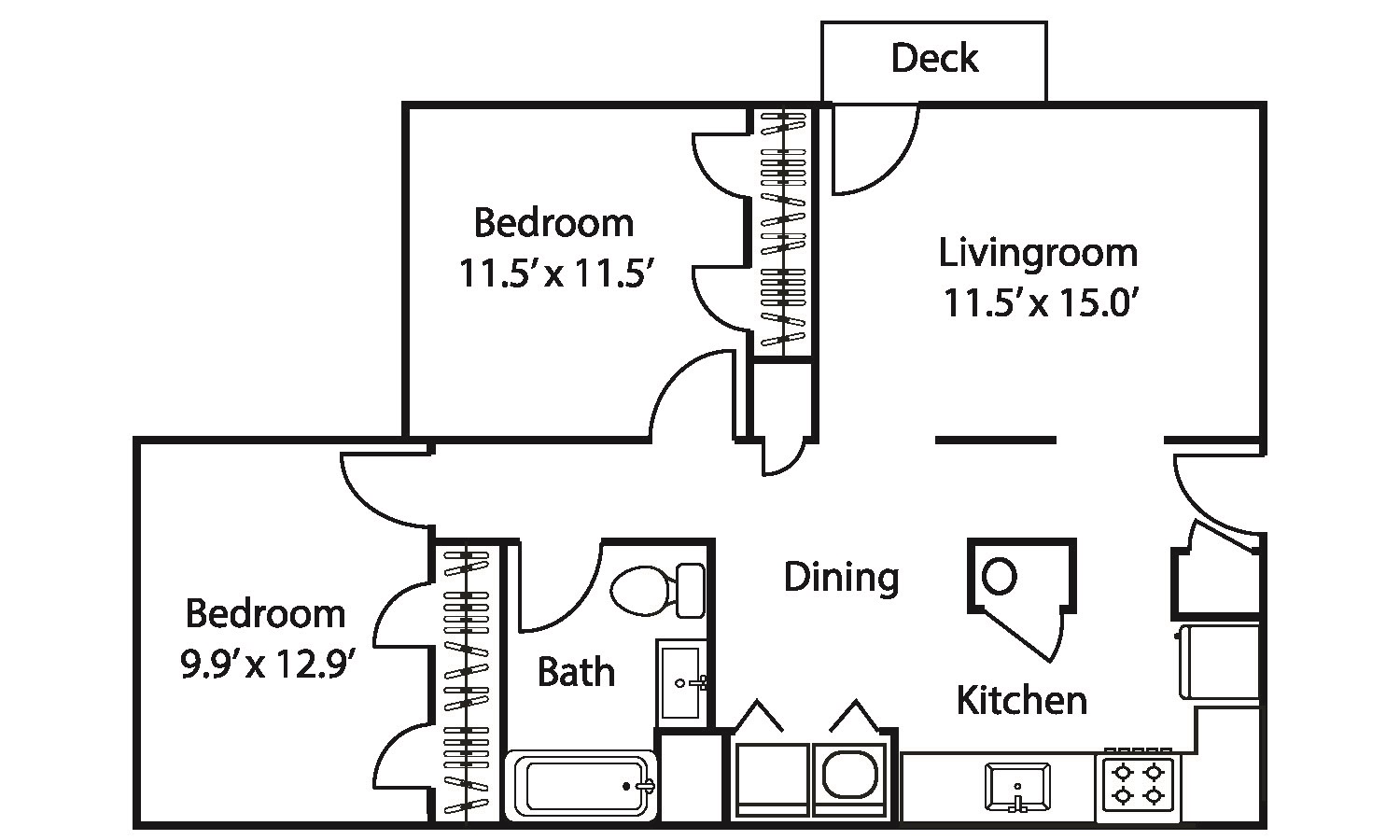 Floor plan for 2 beds, 1 bath, 840 sqft