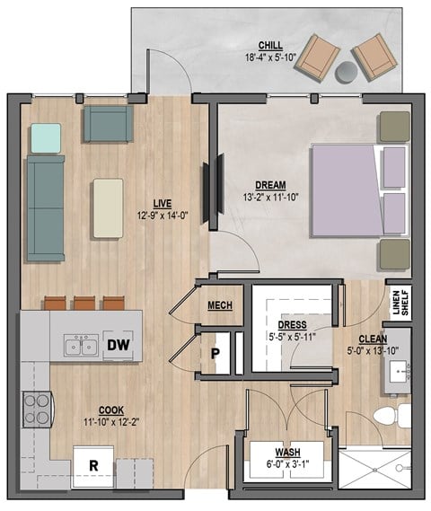 Floor plan for 1 bed, 1 bath, 695 sqft