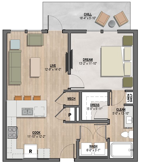 Floor plan for 1 bed, 1 bath, 695 sqft