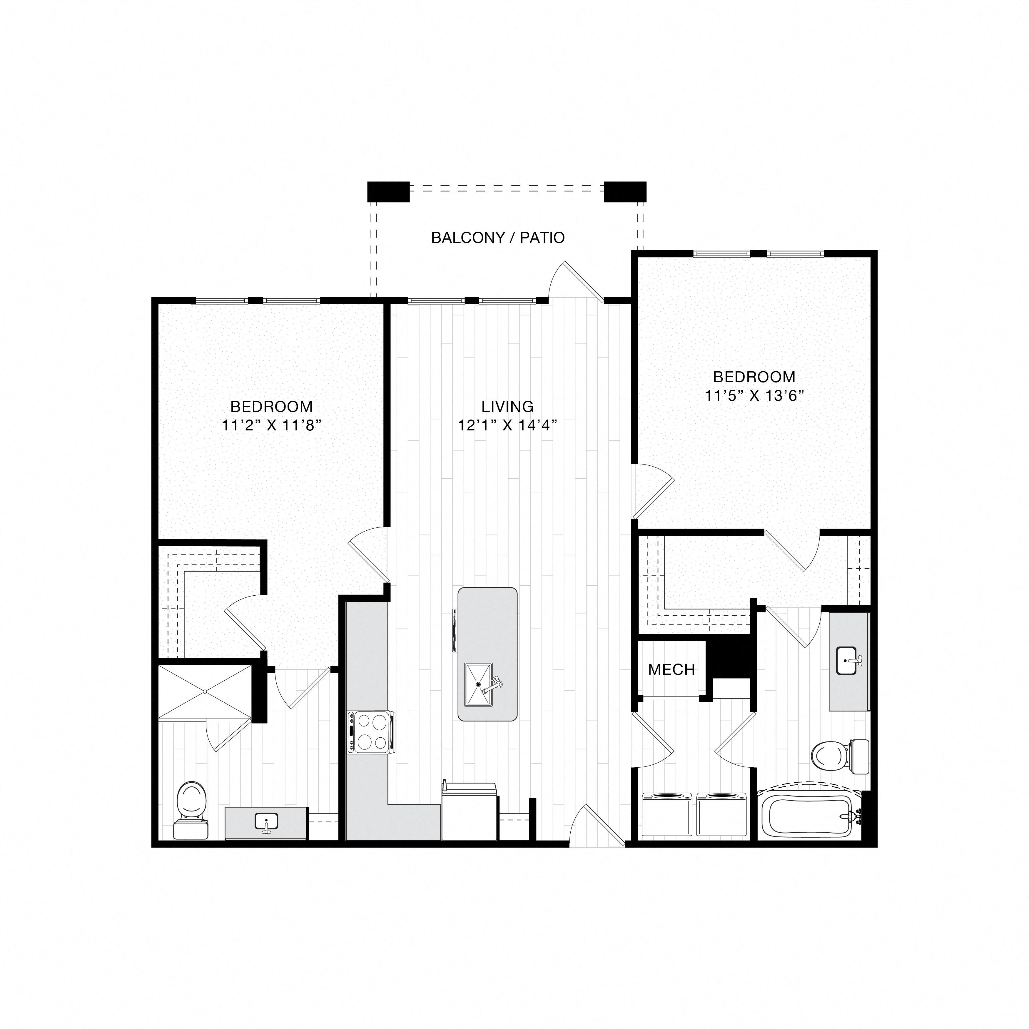 Floor plan for 2 beds, 2 baths, 1061 sqft