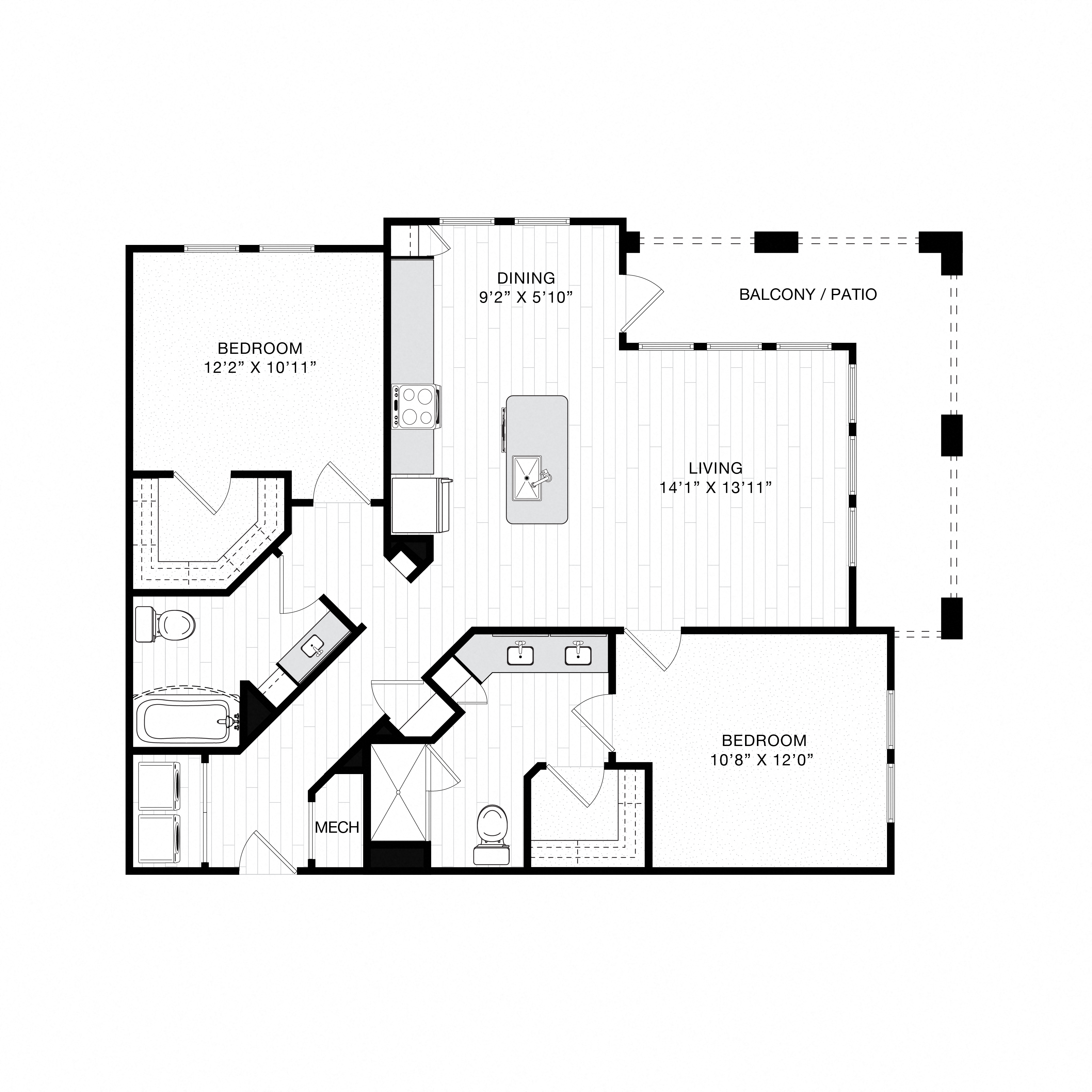 Floor plan for 2 beds, 2 baths, 1164 sqft