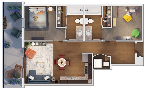 Floor plan for 2 beds, 2 baths, 947 sqft