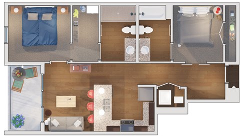 Floor plan for 2 beds, 2 baths, 955 sqft