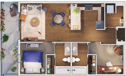 Floor plan for 2 beds, 2 baths, 1005 sqft