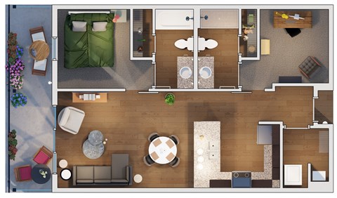 Floor plan for 2 beds, 2 baths, 1030 sqft