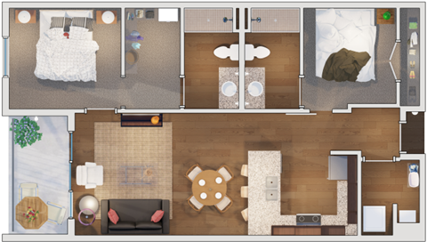Floor plan for 2 beds, 2 baths, 1037 sqft