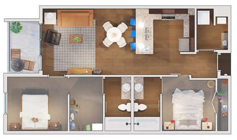 Floor plan for 2 beds, 2 baths, 1042 sqft