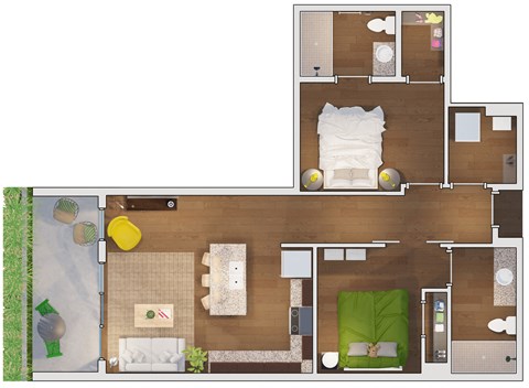 Floor plan for 2 beds, 2 baths, 1064 sqft