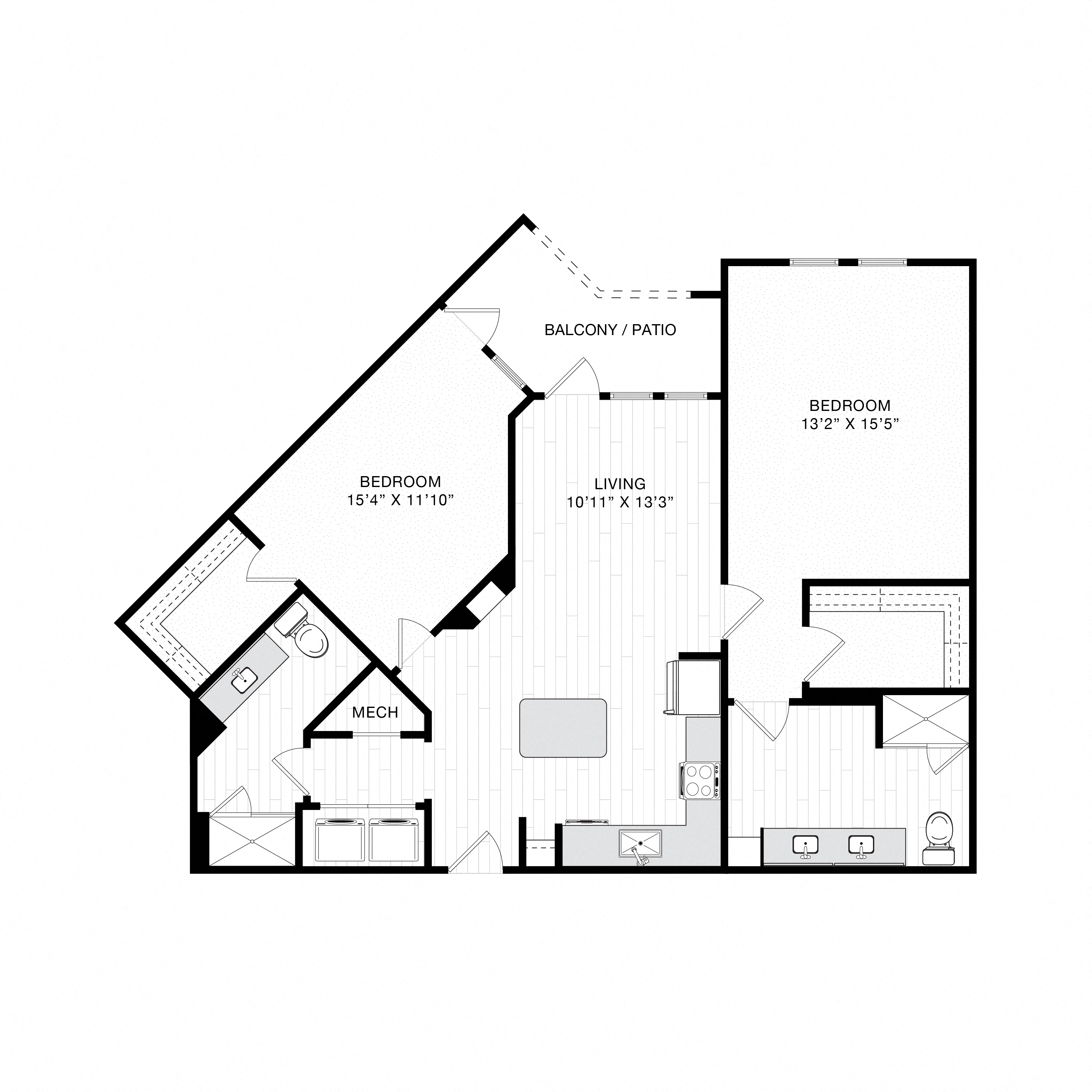 Floor plan for 2 beds, 2 baths, 1177 sqft